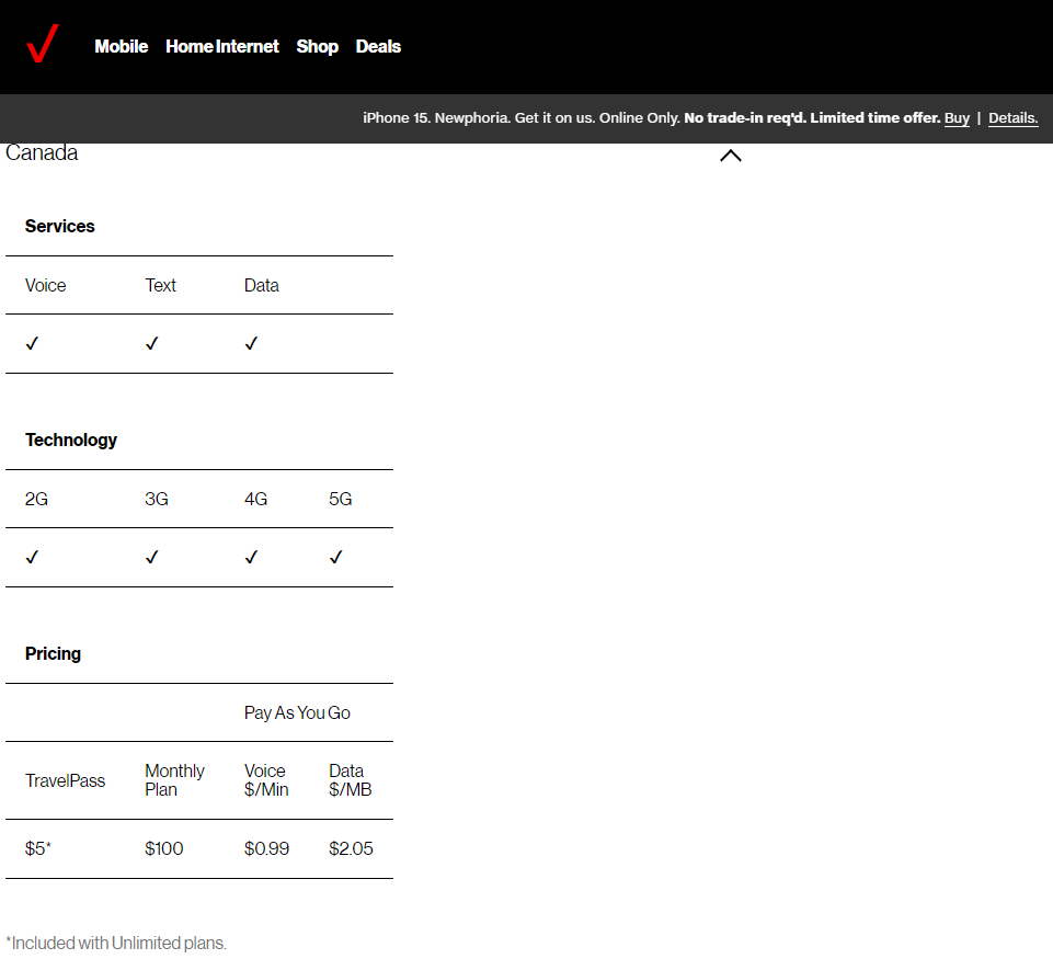 Verizone roaming to Canada